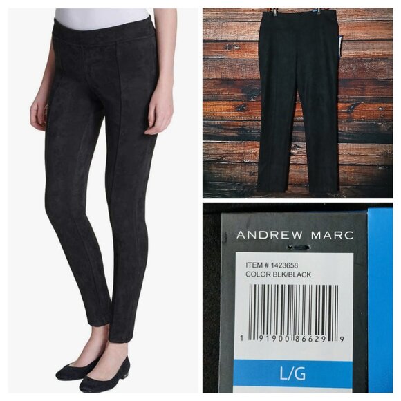 NWT Andrew Marc Pants Size L Soft Faux Suede Pull On Leggings Black Stretch - Picture 1 of 9